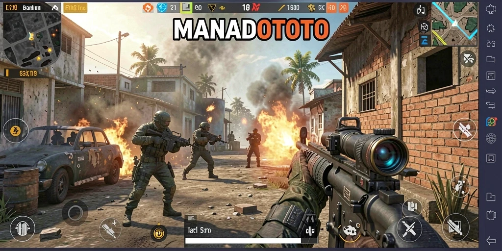 Tangkapan layar tinggi dari gameplay aksi FPS MANADOTOTO.