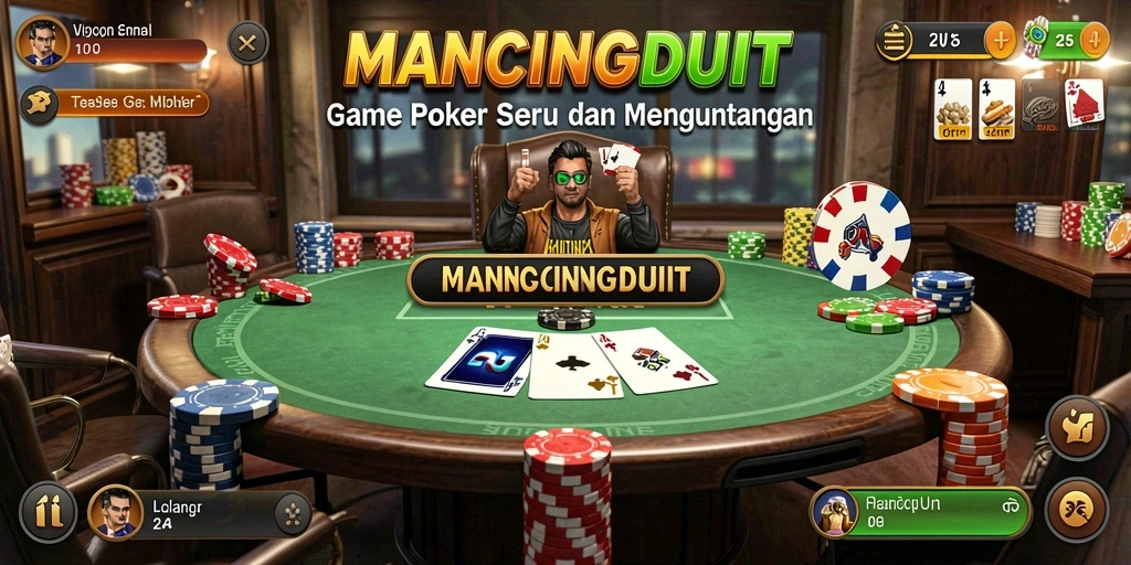 Screenshot gameplay MANCINGDUIT yang menampilkan pemain poker bertarung di meja.