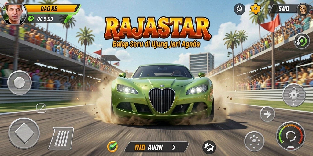 Gameplay menegangkan di lintasan balap RAJASTAR dengan mobil yang beraksi.
