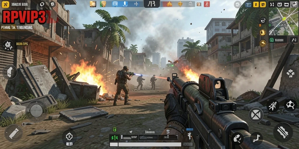 Screenshot RPVIP3 menunjukkan intensitas pertempuran dalam game TPS.