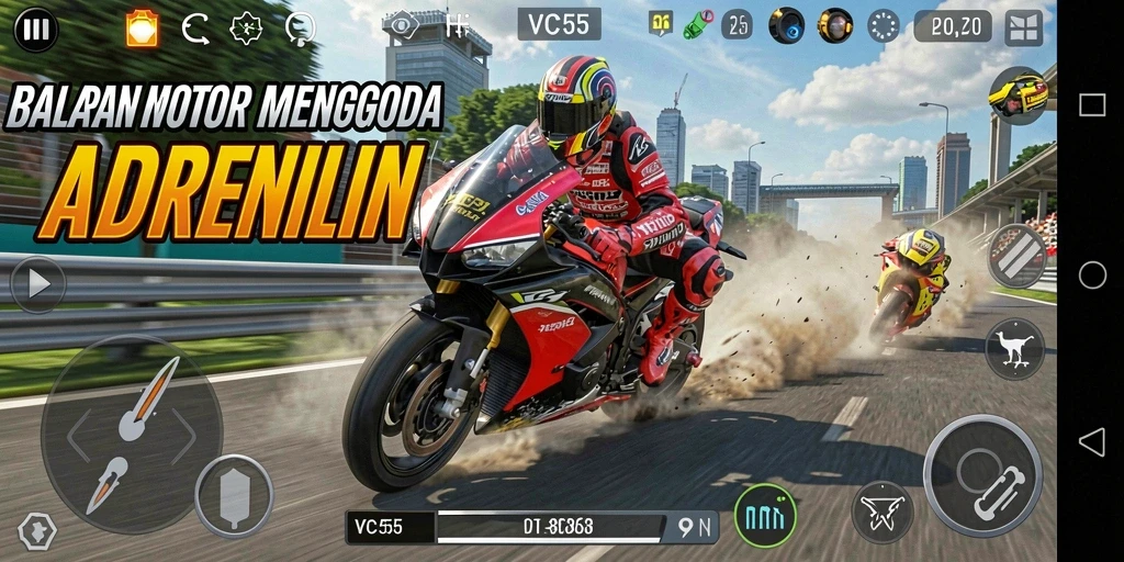 Screenshot gameplay VC55 menampilkan adrenalin bertenaga tinggi saat balapan motor.